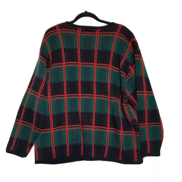 Vintage Crystal Kobe Sweater Plus 1X Green Tartan Plaid Gold Buttons Acrylic 80s - Picture 8 of 10